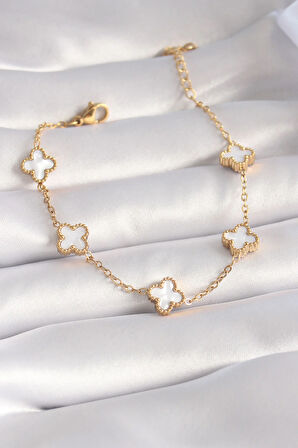 Tegan 316L Çelik Gold Renk Beyaz Yonca Model Kadın Bileklik TG27BB5963