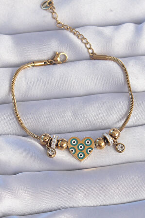 Tegan 316L Çelik Gold Renk Zirkon Taşlı Nazarlı Kalp Tasarımlı Bileklik TG27BB6199