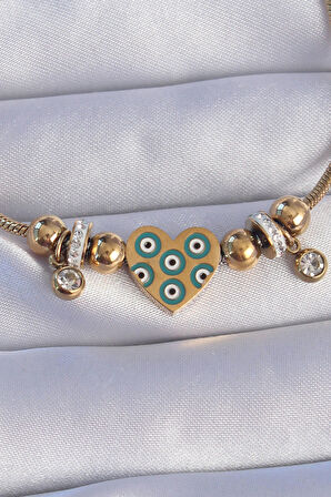 Tegan 316L Çelik Gold Renk Zirkon Taşlı Nazarlı Kalp Tasarımlı Bileklik TG27BB6199