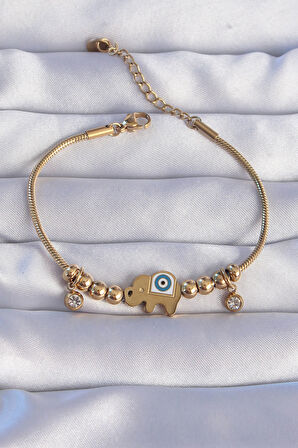 Tegan 316L Çelik Gold Renk Zirkon Taşlı Nazarlı Fil Tasarımlı Bileklik TG27BB6202