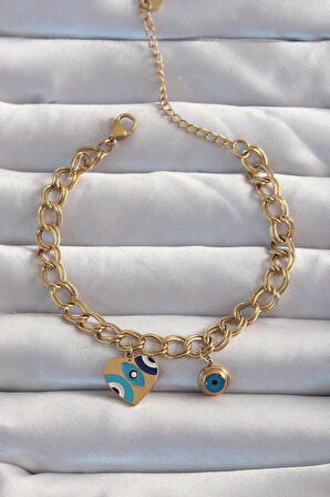 Tegan 316L Çelik Gold Renk Nazarlı Kalp Model Zincir Bileklik TG27BB6227