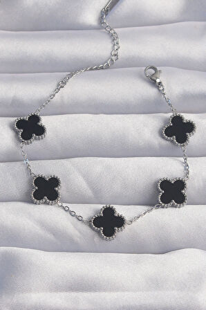 Tegan 316L Çelik Gümüş Renk Siyah Mineli Yonca Bileklik TG27BB6257