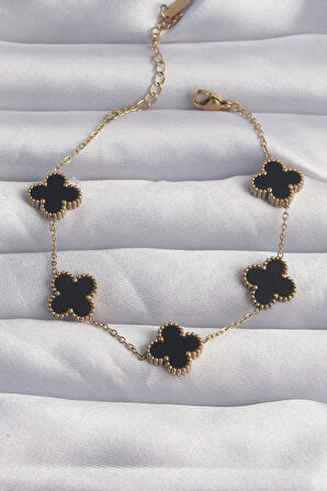 Tegan 316L Çelik Gold Renk Siyah Mineli Yonca Bileklik TG27BB6258