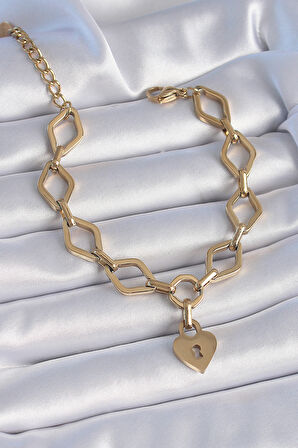 Tegan 316L Çelik Gold Renk Zincir Model Kilit Kalp Figür Kadın Bileklik TG27BB6434