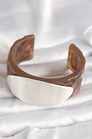 Tegan Kahverengi Mermer Desen Akrilik Plastik Gümüş Oval Plaka Model Vintage Kadın Bilezik TG27BB6674