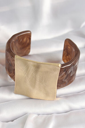 Tegan Kahverengi Mermer Desen Akrilik Plastik Gold Kare Plaka Model Vintage Kadın Bilezik TG27BB6682