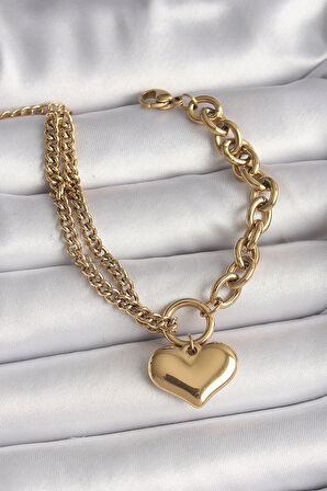 Tegan 316L Çelik Gold Renk 2'Li Zincir Model Kalp Figür Kadın Bileklik TG27BB6727