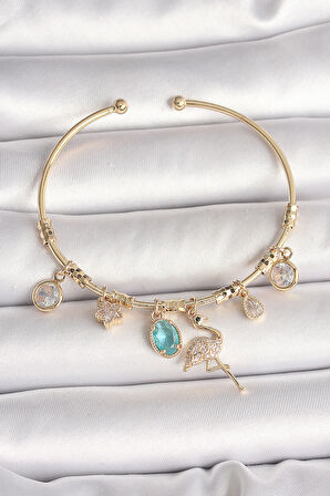 Tegan Pirinç Gold Renk Zirkon Taşlı Sallantı Filamingo Figür Charm Kadın Bileklik TG27BB6885