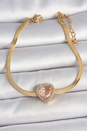 Tegan 316L Çelik Gold Renk İtalyan Zincir Pembe Zirkon Taşlı Kalp Model Kadın Bileklik TG27BB6952