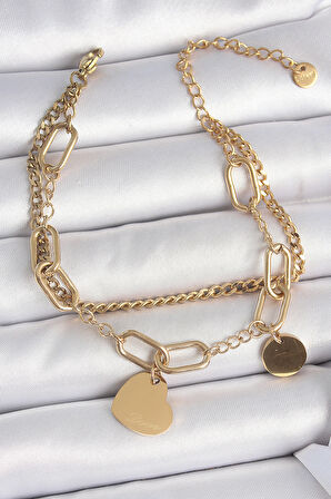 Tegan 316L Çelik Gold Renk 2'Li Zincir Model Sallantı Kalp Figür Kadın Bileklik TG27BB6953