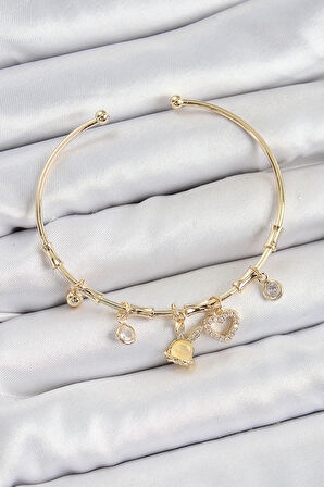 Tegan Pirinç Zirkon Taşlı Tavşan Ve Kalp Model Gold Renk Charm Bileklik TG27BB7357