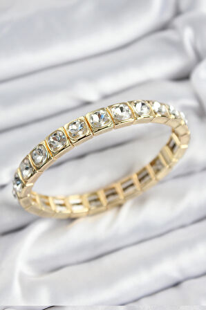 Tegan Pirinç Zirkon Taşlı Kare Model Gold Renk Lastikli Kadın Bileklik TG27BB7497