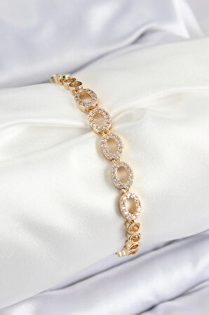 Tegan Pirinç Zirkon Taşlı Oval Model Gold Renk Kadın Bileklik TG27BB7543