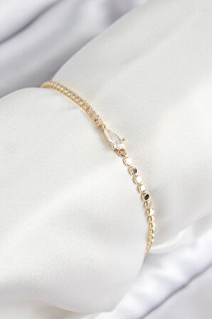 Tegan Pirinç Zirkon Taşlı Damla Model Ezme Zincir Gold Renk Kadın Bileklik TG27BB7589