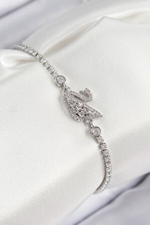 Tegan Pirinç Zirkon Taşlı Kuğu Model Gümüş Renk Kadın Bileklik TG27BB7890