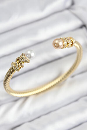 Tegan 316L Çelik Zirkon Taşlı İnci Model Gold Renk Kadın Bileklik TG27BB7779