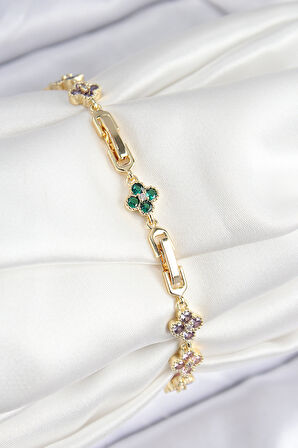 Tegan VIP Pirinç Renkli Zirkon Taşlı Yonca Model Gold Renk Kadın Bileklik TG27BB7781