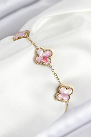 Tegan 316L Çelik Sedefli Pembe Gold Renk Yonca Kadın Bileklik TG27BB7811