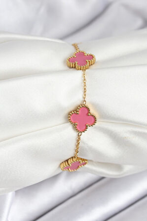 Tegan 316L Çelik Gold Zincir Pembe Yonca Renk Bileklik TG27BB7908