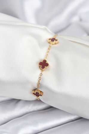 Tegan 316L Çelik Gold Renk Bordo Baby Boy Yonca Kadın Bileklik TG27BB7950