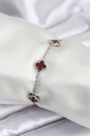 Tegan 316L Çelik Gümüş Renk Bordo Baby Boy Yonca Kadın Bileklik TG27BB7951