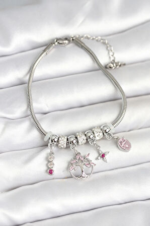 Tegan Pirinç Gümüş Renk Yaşam Ağacı Charmlı Kadın Bileklik TG27BB7990