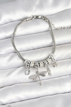 Tegan Pirinç Gümüş Renk Yusufçuk Charmlı Kadın Bileklik TG27BB7996