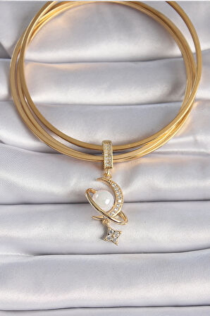 Tegan Pirinç Gold Renk Zirkon Taş Detaylı Hilal Model Sallantı İncili Ajda Charm TG27BC1012
