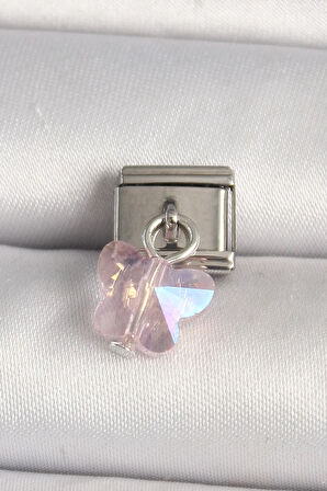 Tegan 316L Çelik Gümüş Renk Pembe Zirkon Taşlı Kelebek Model Nomination Charm TG27BC1319