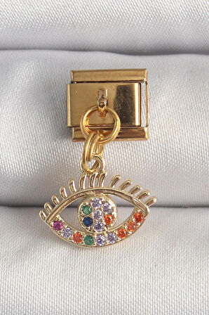 Tegan 316L Çelik Gold Renk Sallantı Renkli Zirkon Taşlı Göz Model Nomination Charm TG27BC1346
