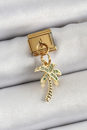 Tegan 316L Çelik Sallantılı Zirkon Taşlı Palmiye Ağacı Model Gold Renk Nomination Charm TG27BC1398