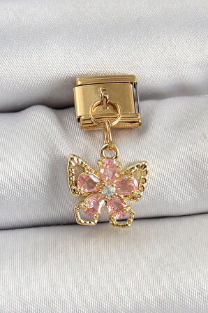 Tegan 316L Çelik Sallantılı Zirkon Taşlı Çiçek Figürlü Kelebek Model Gold Renk Nomination Charm TG27BC1419