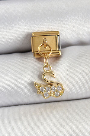 Tegan 316L Çelik Sallantılı Zirkon Taşlı KuğuModel Gold Renk Nomination Charm TG27BC1439