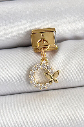 Tegan 316L Çelik Sallantılı Zirkon Taşlı Kelebek Detaylı Halka Model Gold Renk Nomination Charm TG27BC1440