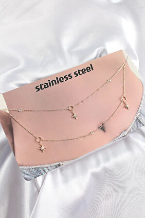 Tegan 316L Çelik Zirkon Taşlı Kutup Yıldızı Model Gold Renk Göbek Bel Zinciri TG27BKGZ10344