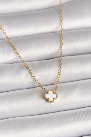 Tegan 316L Çelik Gold Renk Beyaz Yonca Model Kadın Kolye TG27BKO10019
