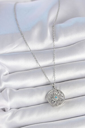 Tegan 316L Çelik Gümüş Renk Zincir Mavi Taşlı Lotus Model Kadın Kolye TG27BKO10060