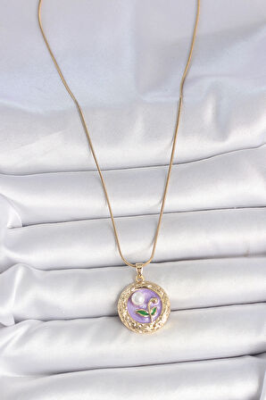 Tegan 316L Çelik Gold Renk Zincir Mor Çiçek İşlemeli İnci Detay Potre Model Kadın Kolye TG27BKO10081