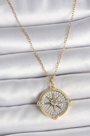 Tegan 316L Çelik Gold Renk Zirkon Taşlı Pusula Model Kadın Kolye TG27BKO10093