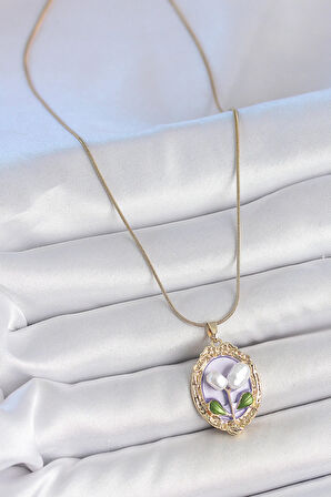 Tegan 316L Çelik Gold Renk Mor İncili Çiçek İşlemeli Portre Model Kadın Kolye TG27BKO10146