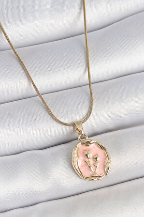 Tegan 316L Çelik Gold Renk Zincir Pembe Mineli Çiçek İşlemeli Portre Model Kadın Kolye TG27BKO10165