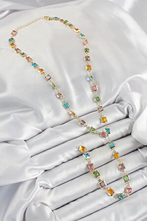 Tegan Pirinç Asorti Kare Model Gold Renk Zirkon Taşlı Y Kolye TG27BKO10253