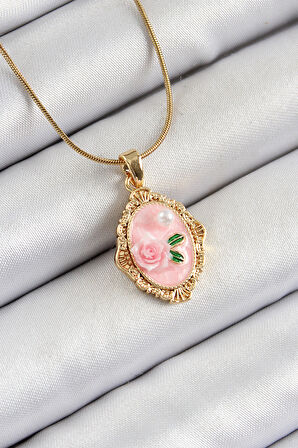 Tegan 316L Çelik Zincir Pembe Sanatsal Portre İnci Detaylı Gül Figürlü Model Gold Renk Kadın Kolye TG27BKO10281