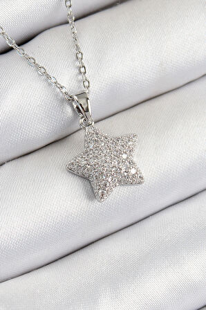 Tegan 316L Çelik Zirkon Taşlı Yıldız Model Gümüş Renk Kadın Kolye TG27BKO10352