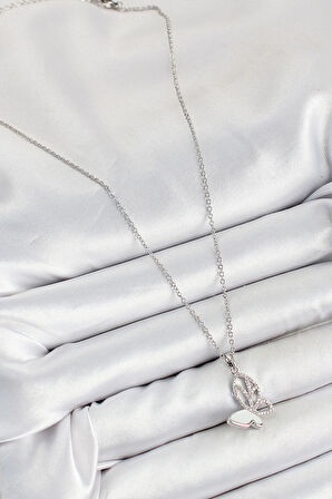 Tegan 316L Çelik Zirkon Taşlı Kelebek Model Gümüş Renk Kadın Kolye TG27BKO10404