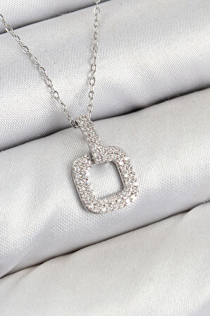 Tegan Pirinç Zirkon Taşlı Kare Model Gümüş Renk Kadın Kolye TG27BKO10409