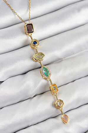 Tegan Pirinç Renkli Zirkon Taşlı Model Gold Renk 7 Element Kadın Y Kolye TG27BKO10439