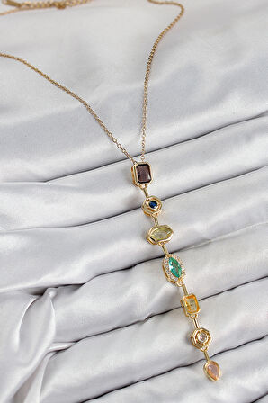 Tegan Pirinç Renkli Zirkon Taşlı Model Gold Renk 7 Element Kadın Y Kolye TG27BKO10439