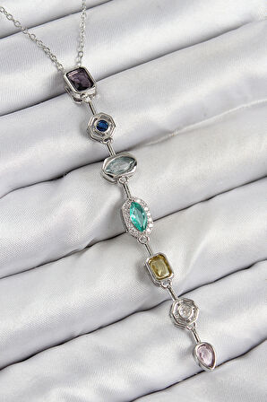 Tegan Pirinç Renkli Zirkon Taşlı Model Gümüş Renk 7 Element Kadın Y Kolye TG27BKO10440