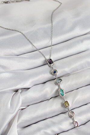 Tegan Pirinç Renkli Zirkon Taşlı Model Gümüş Renk 7 Element Kadın Y Kolye TG27BKO10440